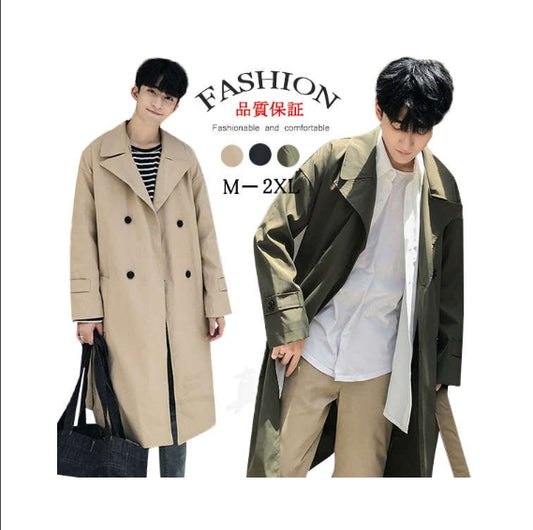 Trench Coat, Men's, Long Sleeve, Outerwear, Autumn/Spring, Spring Coat, Loose, Large, Commuting, Business, Double Button, Long Coat, Knee Length, Body Covering, Beige, Military Coat