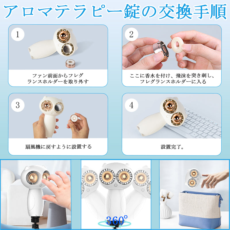 携帯扇風機 ベビーカー 扇風機 静音 小型 6000mAh 卓上扇風機 着脱式クリップ付き フクロウ 風量3段階調整 クリップ360°調整可能 USB扇風機 ベイビーカー/バイク用 軽量 室内・アウトドア キャンプ 熱中症対策 暑さ対策