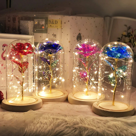 Rose LED Artificial Flower Light Glitter Rose Light Light Wooden Base Glass Cover