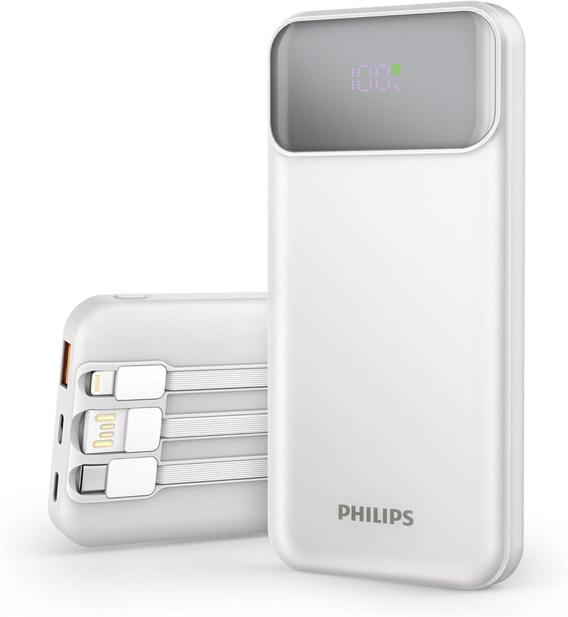 Philips (フィリップス) モバイルパッテリー 10000mAh大容量 ケーブル内蔵 PD&QC急速充電 四台同時充電 LED電量表示 スマホ充電器