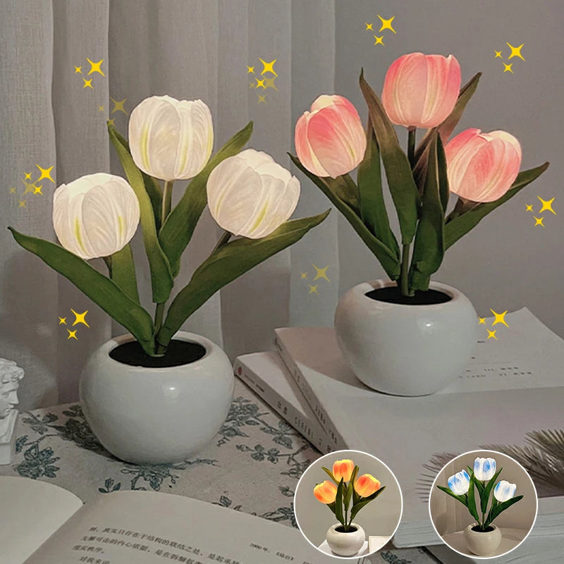 Tulip Artificial Flower LED Mood Light Artificial Flower Bouquet Interior Decoration Indirect Lighting Battery Operated Lamp Artificial Flower Night Light Fresh Flower Texture