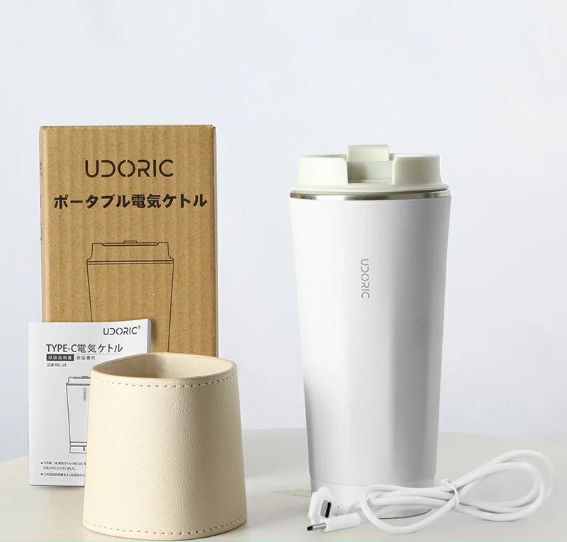 Udoric Electric Kettle USB-C Powered Portable Kettle Small Portable Car Electric Pot 350ml 45℃ Portable White Temperature Display