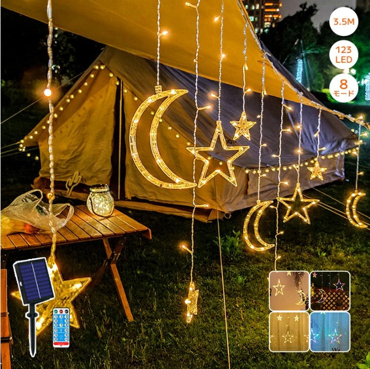 Illumination Outdoor Solar LED Stars and Moon String Curtain Light 138 Bulbs 3.5m Remote Control Timer Waterproof Illumination Decoration Christmas/Halloween/Party